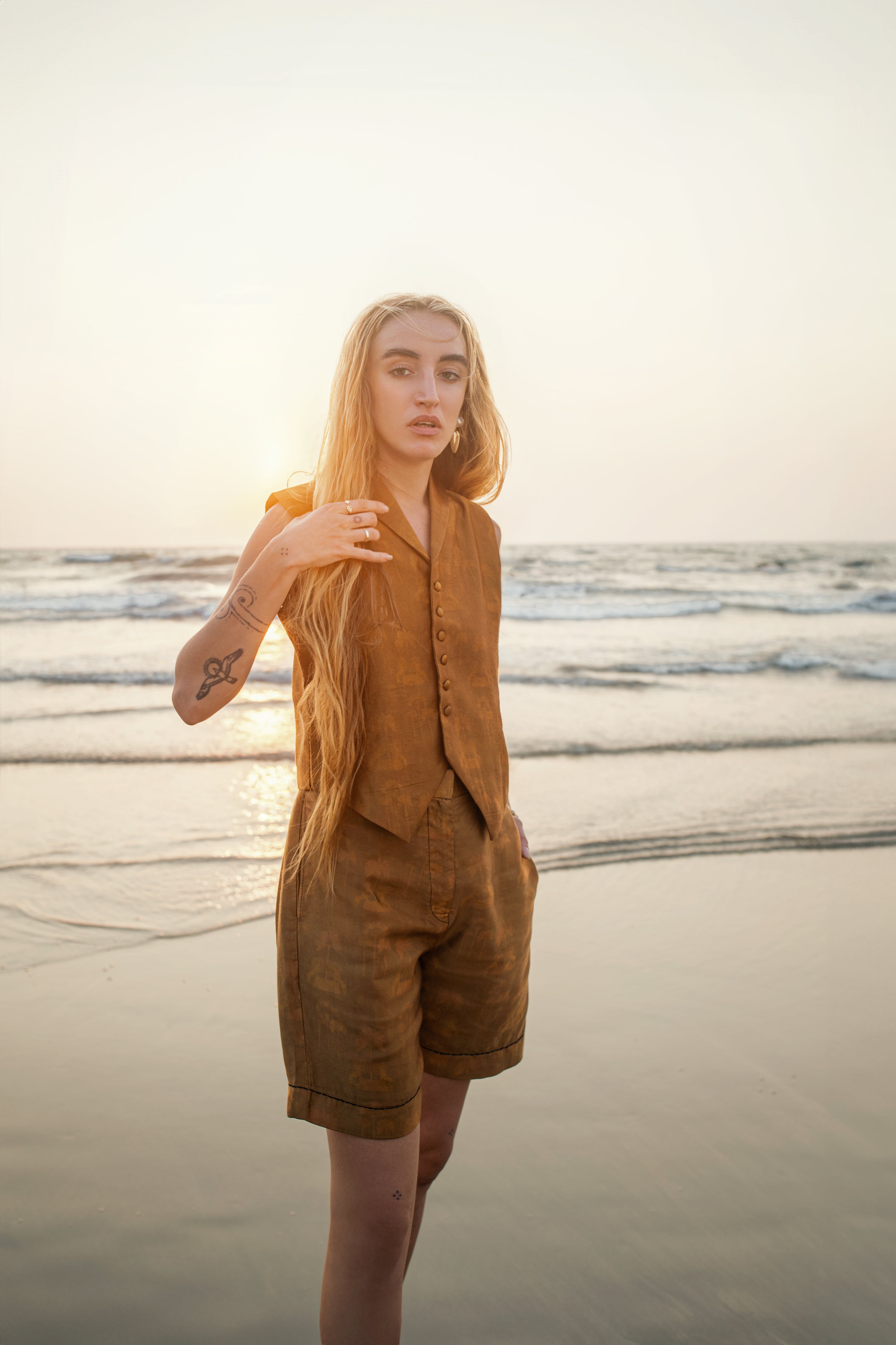 Velvet Co-ord Set - Self Print Vest with Bermuda Shorts